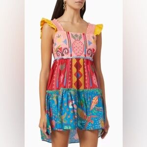 Farm Rio Cross Stitch Embroidered Colorblocked Tiered Mini Dress Anthro